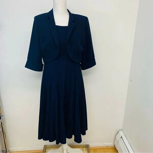 Vtg 80s Dress Jacket 10 Navy Blue Midi Pleated Nautical Career  Classic Flowy